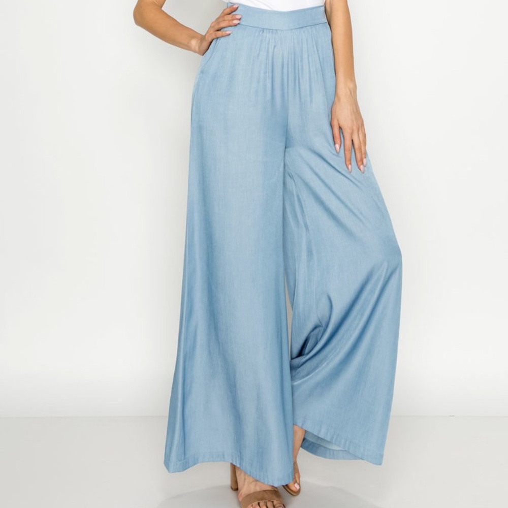 DENIM LOOK LIGHT BLUE WASH LIKE CHAMBRAY WIDE LEG